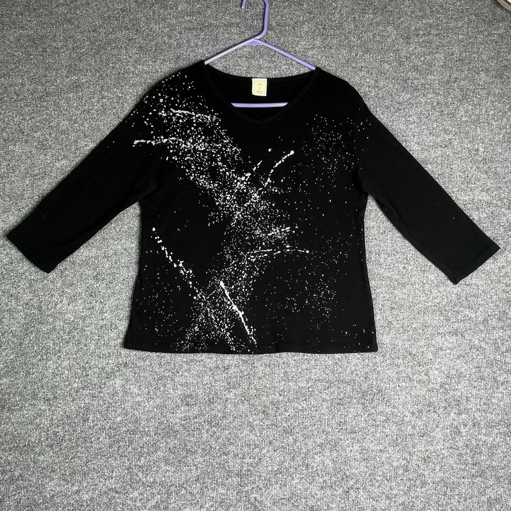 Jess And Jane Galaxy Top Women Large Black Glitter 3/4 Sleeve Art To Wear‎